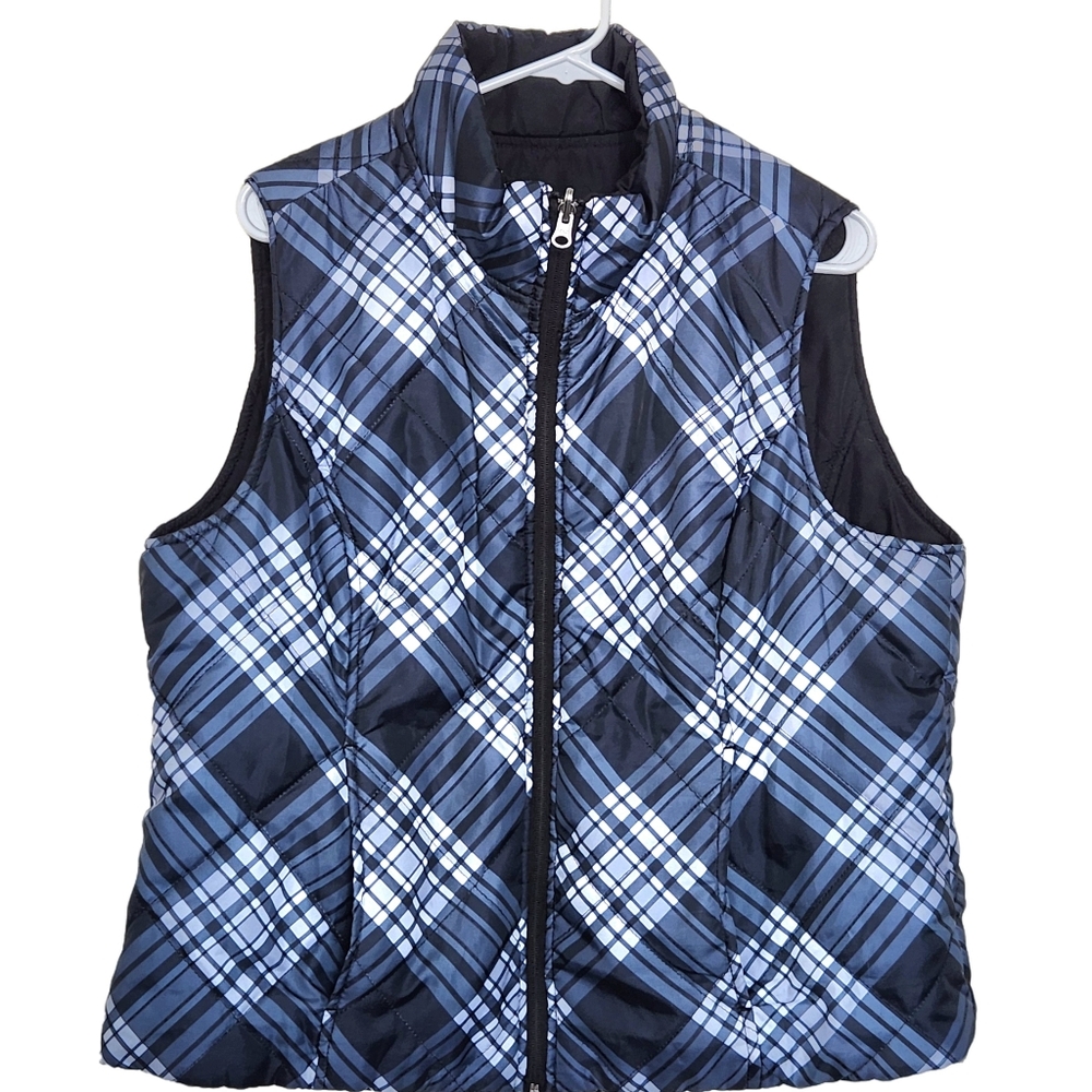 Women's Reversible Blue Plaid Vest Quilted Warm Size XL Winter Wardrobe